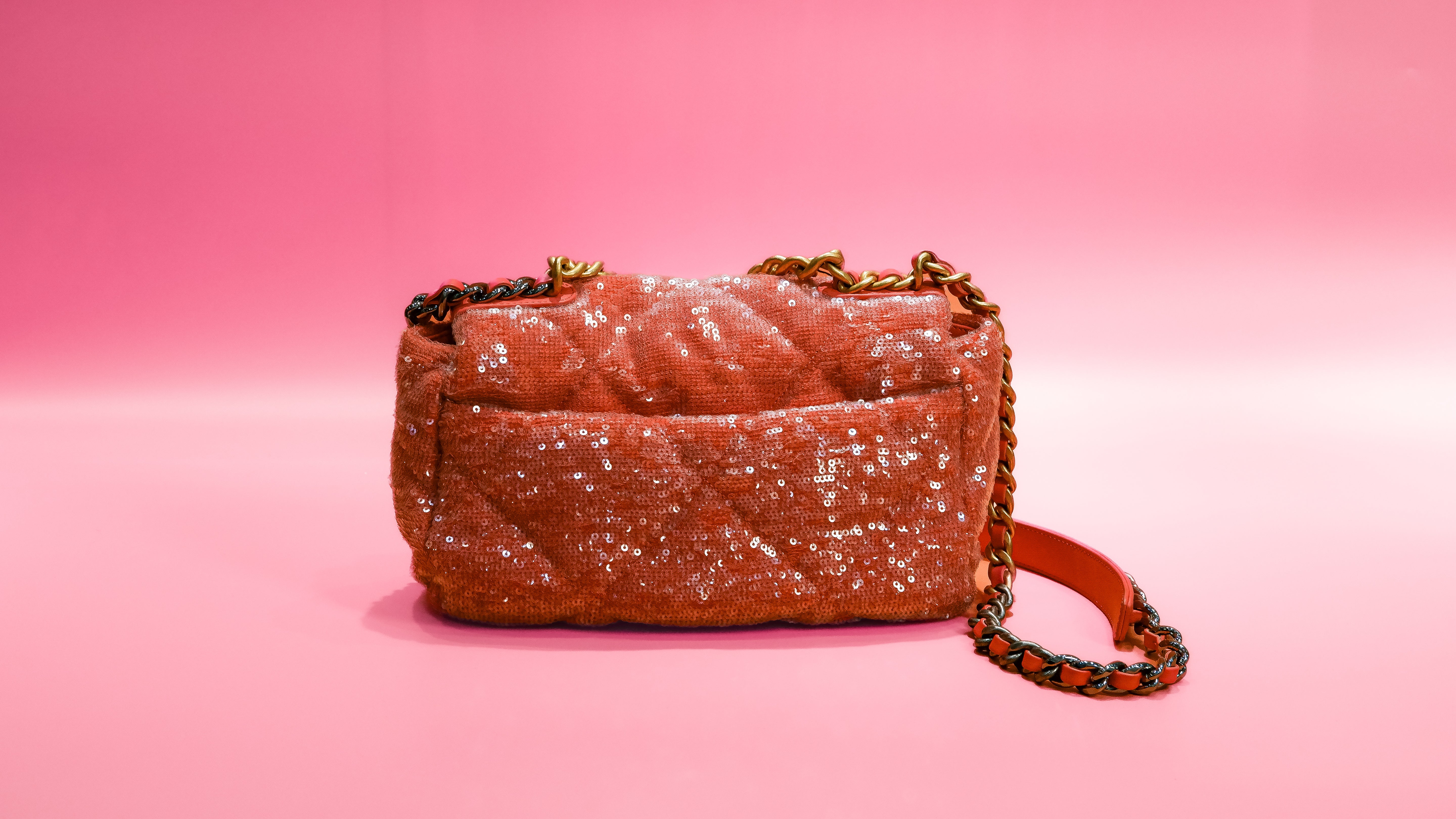 Chanel 19 in Coral Quilted Sequins