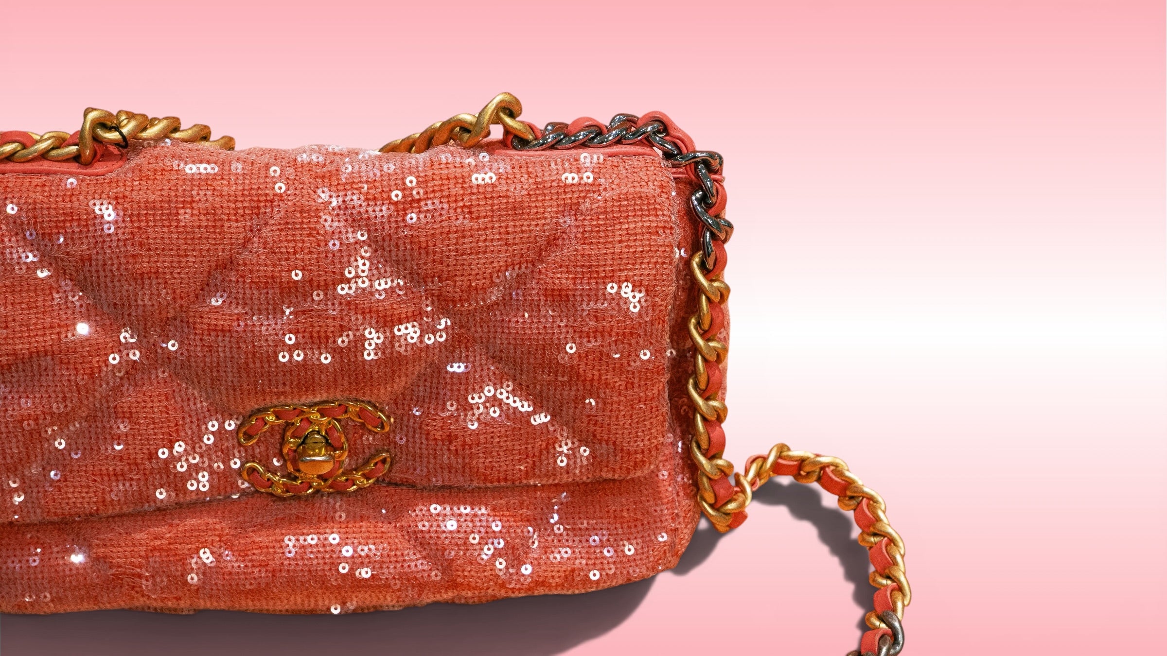 Chanel 19 in Coral Quilted Sequins